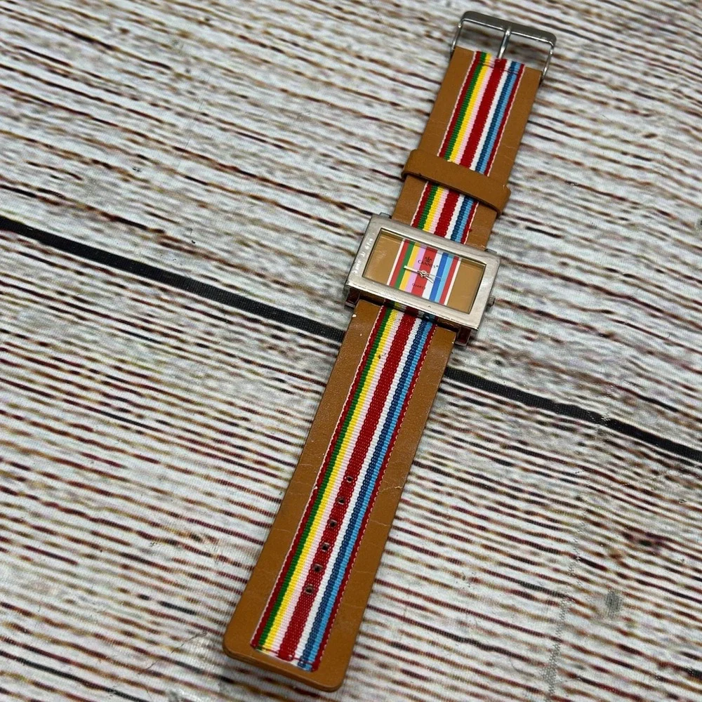 Cannes Quartz Watch Rectangle Silver Tone Rainbow Striped Dial Tan Strap‎ Tested